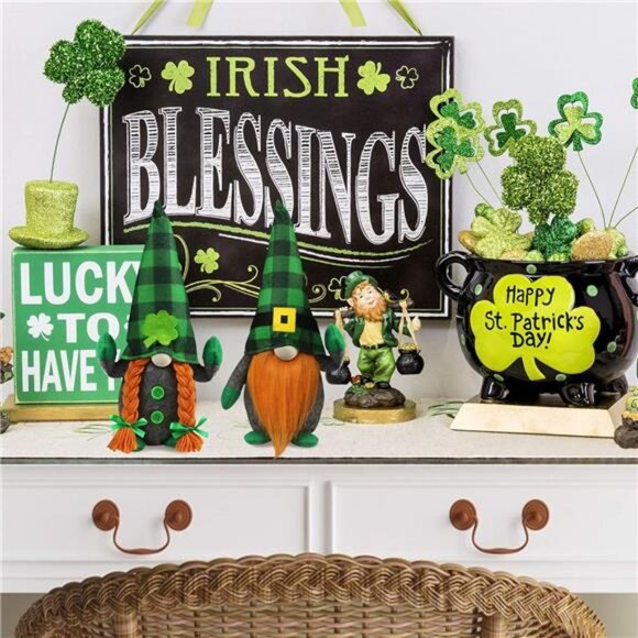 St.Patrick's Day Gnome Plush Elf Decorations - Mr and Mrs Green Buffalo Check - Picture 7 of 8